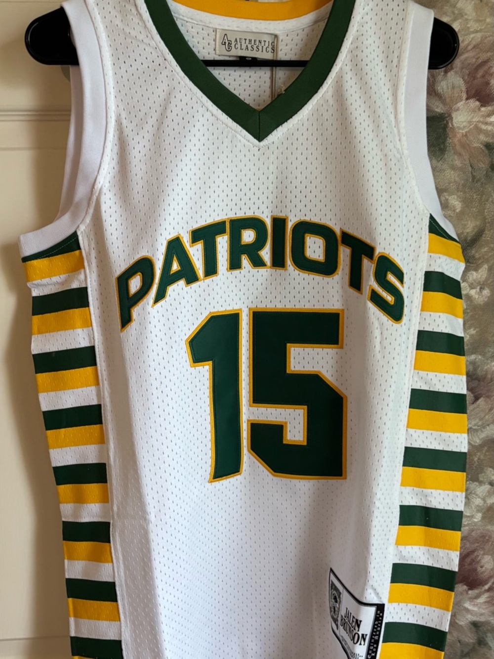 Patriots #15 White Green Yellow Basketball Jersey
